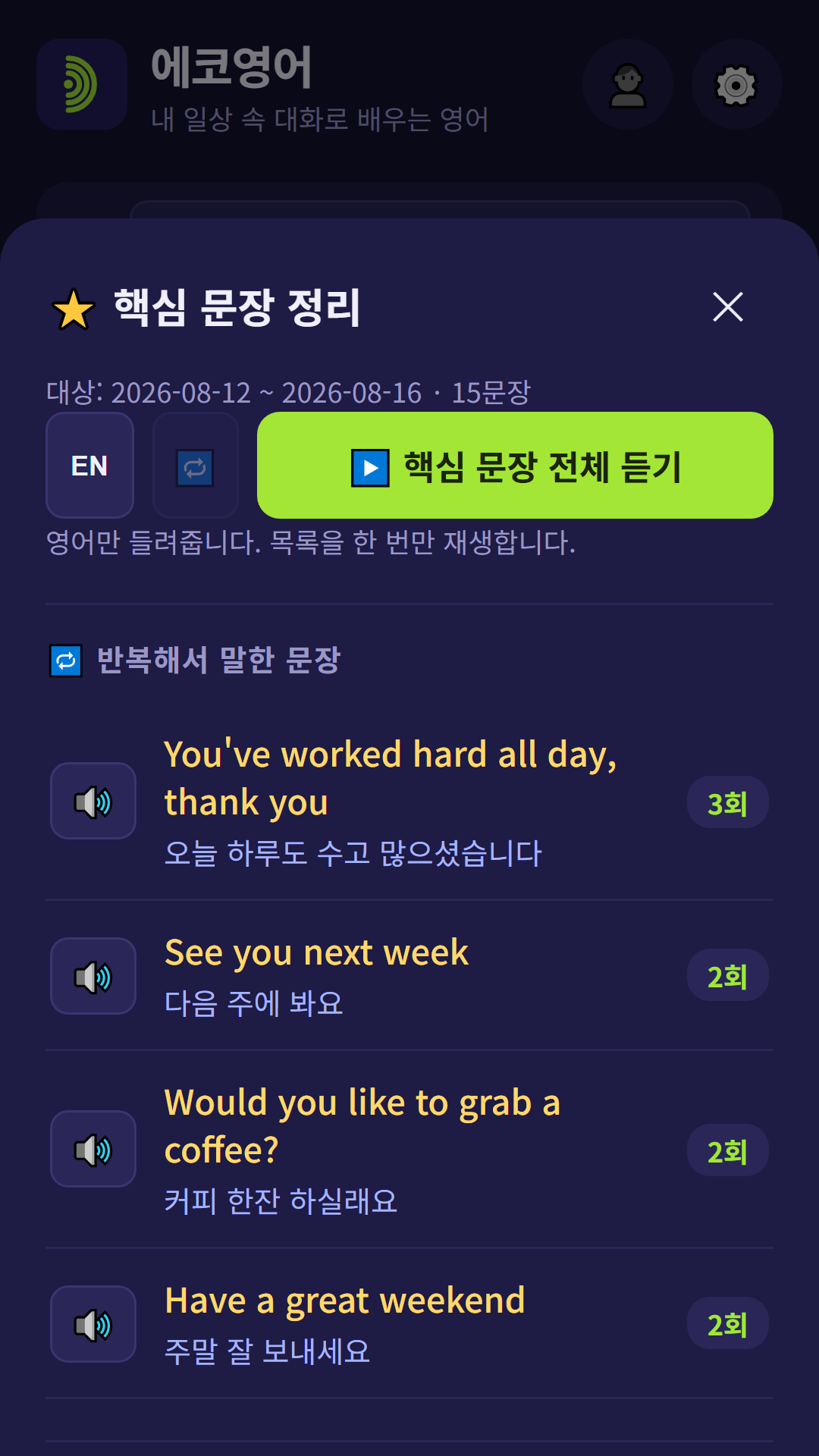 핵심 문장 정리 화면