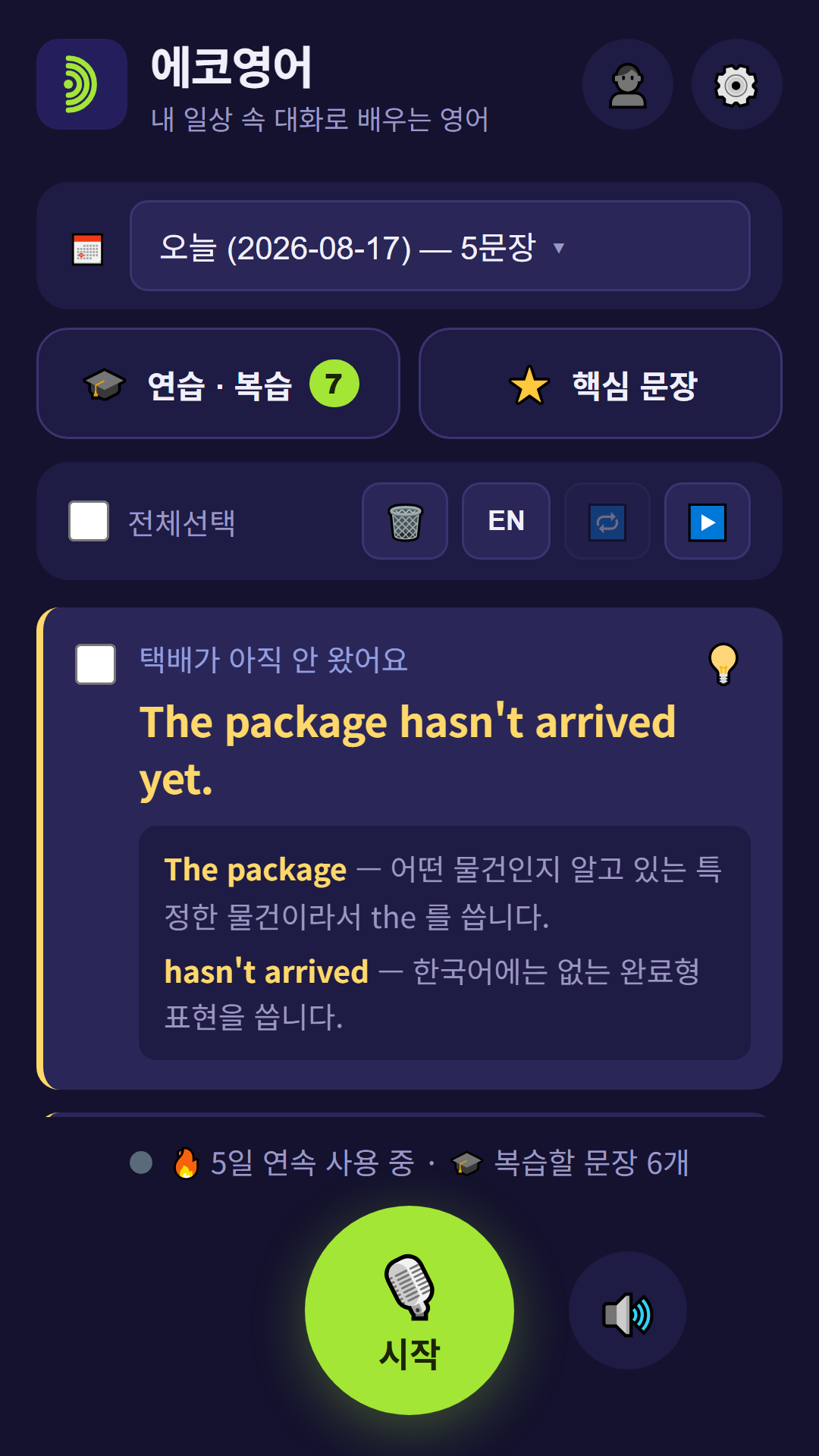 문장 해설 화면 — the 를 쓰는 이유와 완료형을 짚어주는 모습